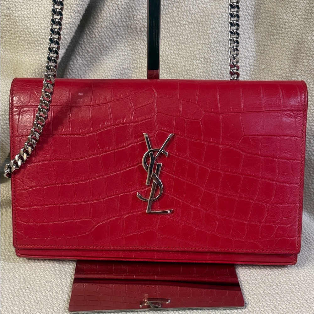 Authentic Yves Saint Laurent Red Croc-Embossed WOC with COA